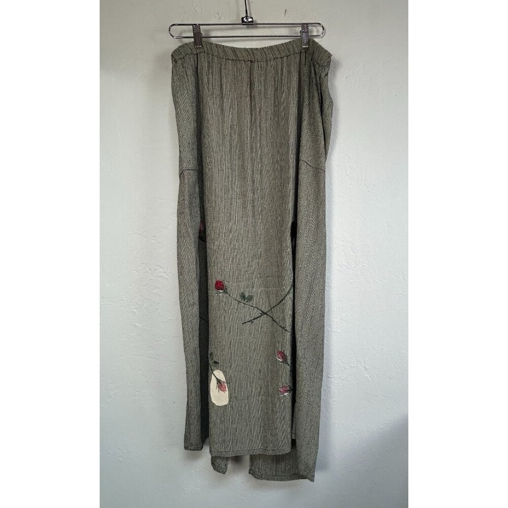 Vintage Bread Staley Gretinger Olive Houndstooth Maxi Skirt Size 3 Floral Accent